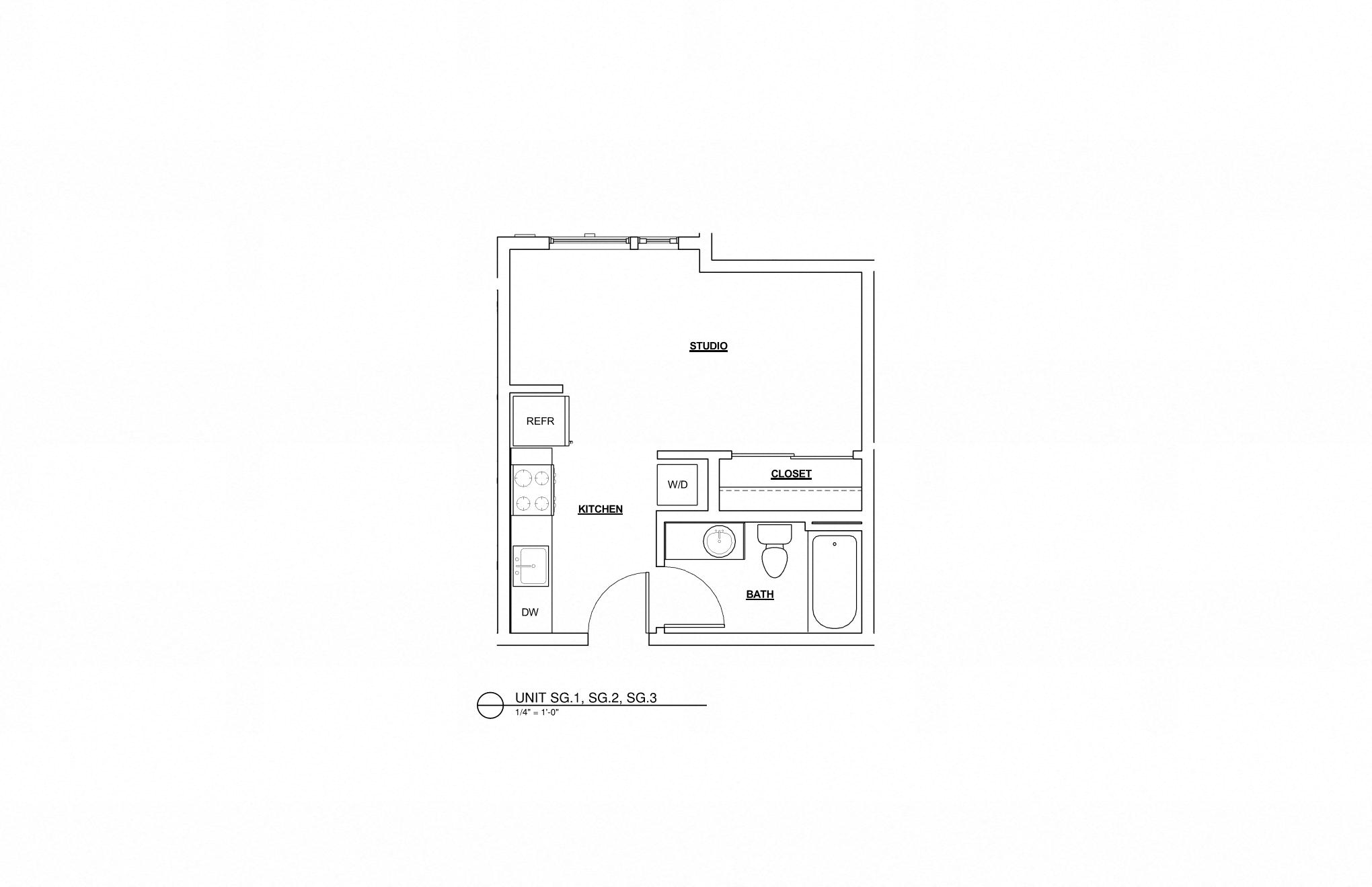 Floor plan for studio, 1 bath, 363 sqft